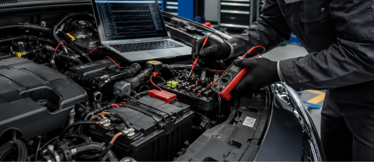 Car electrical fault diagnosis and repair being carried out at our workshop in Al Quoz, Dubai
