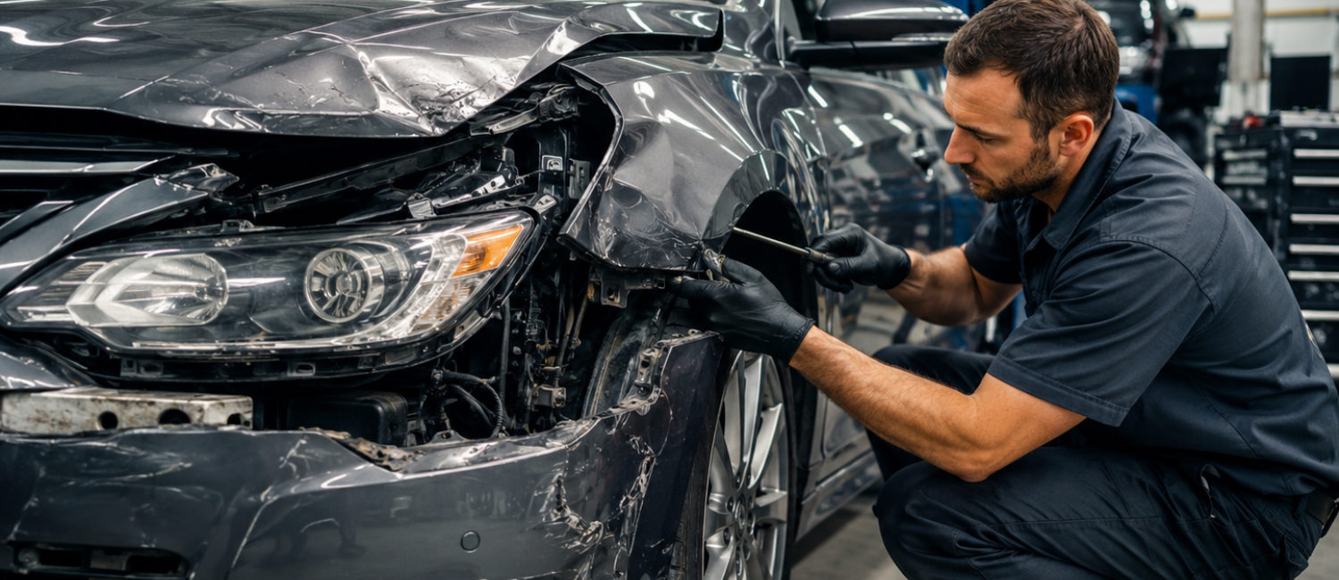 Car accident repair and collision restoration being carried out at our workshop in Al Quoz, Dubai