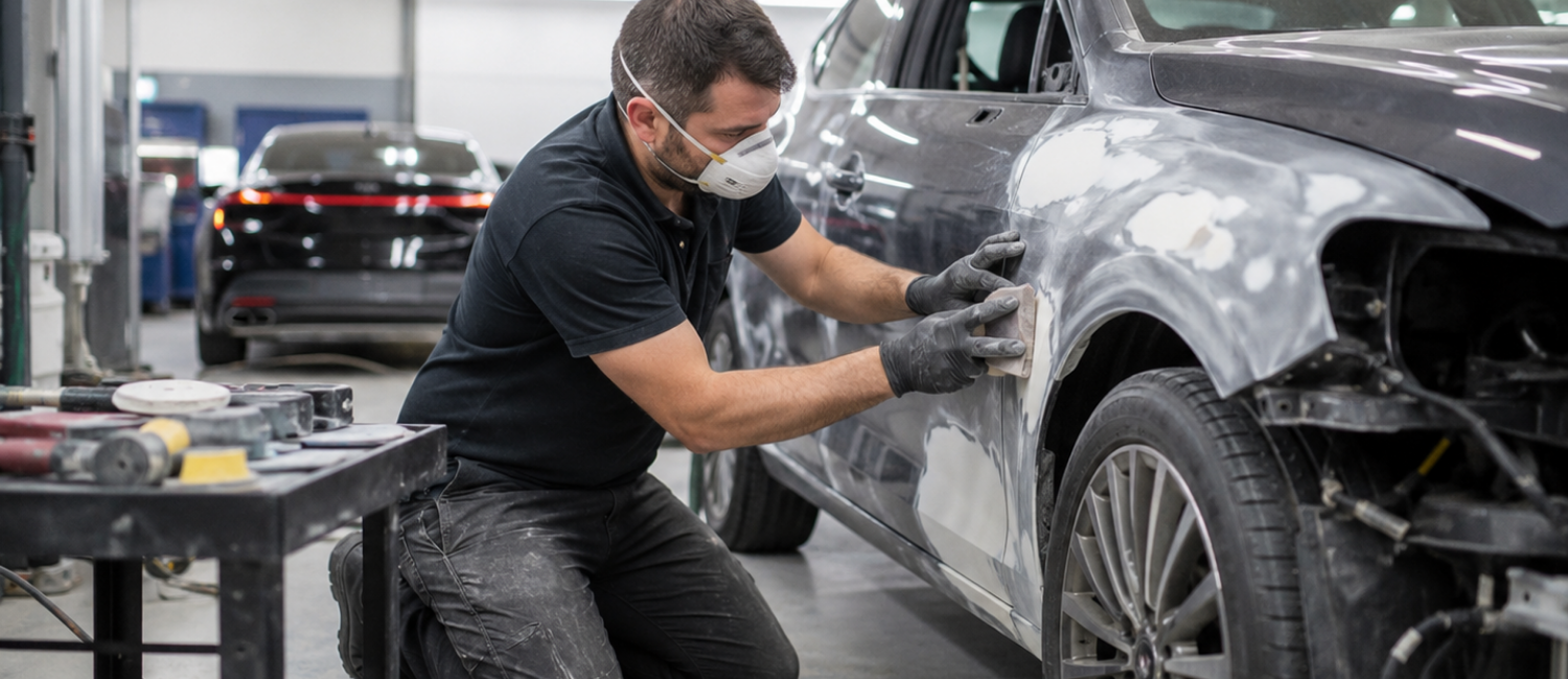 Car body shop detailing, paint, and ceramic coating work at our workshop in Al Quoz, Dubai