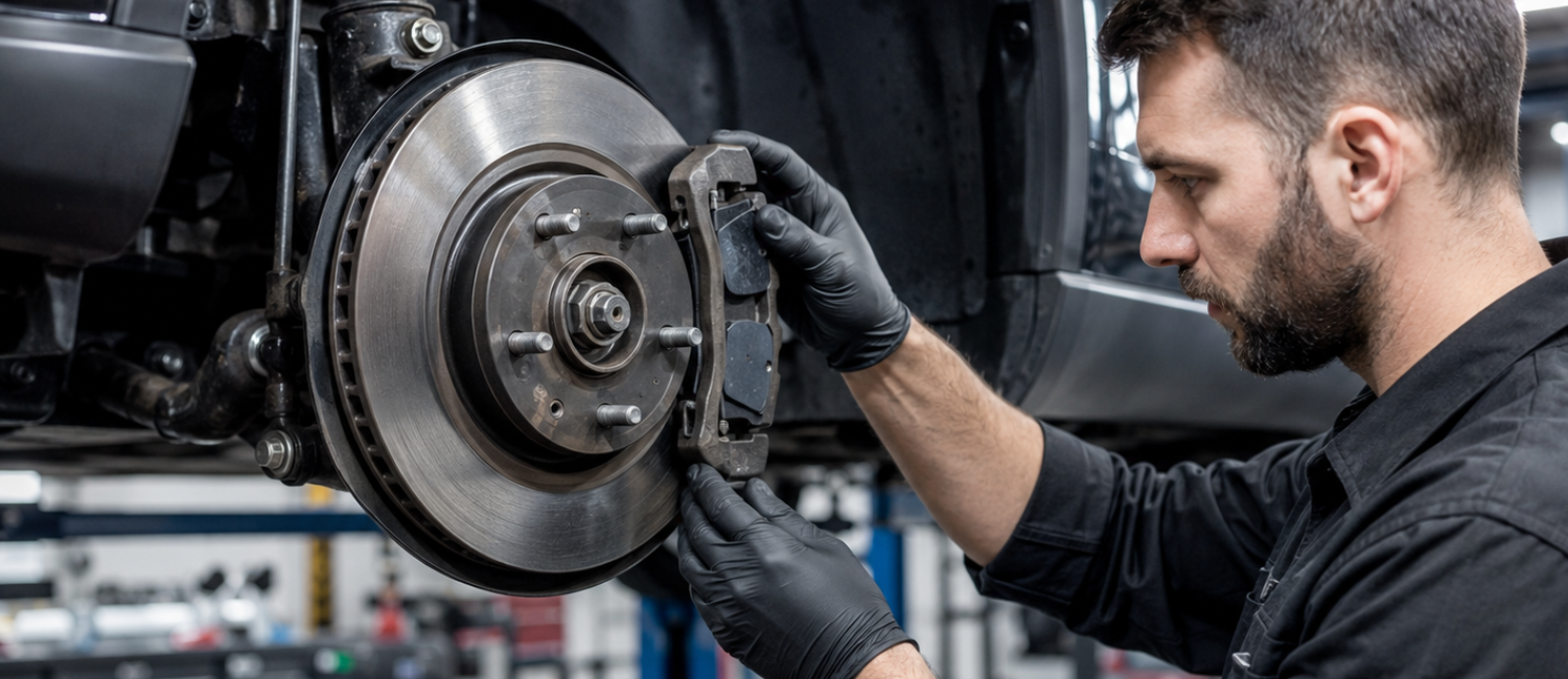 Car brake repair and pad replacement being carried out at our workshop in Al Quoz, Dubai