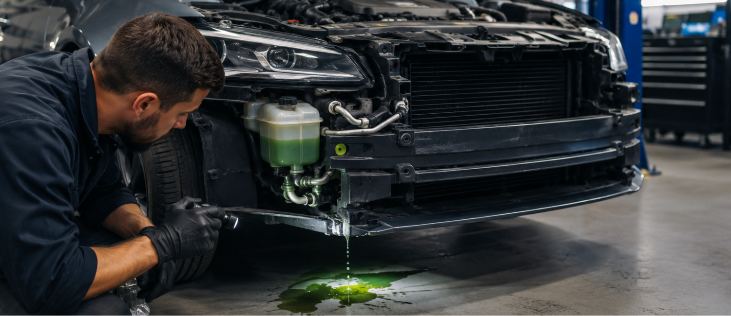 Car coolant leak diagnosis and repair being carried out at our workshop in Al Quoz, Dubai