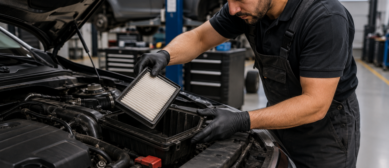 Car filter change service being carried out at our workshop in Al Quoz, Dubai