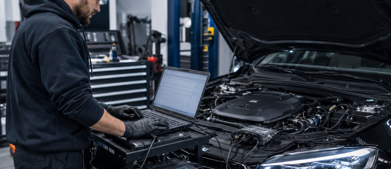 Car software programming and module coding being carried out at our workshop in Al Quoz, Dubai