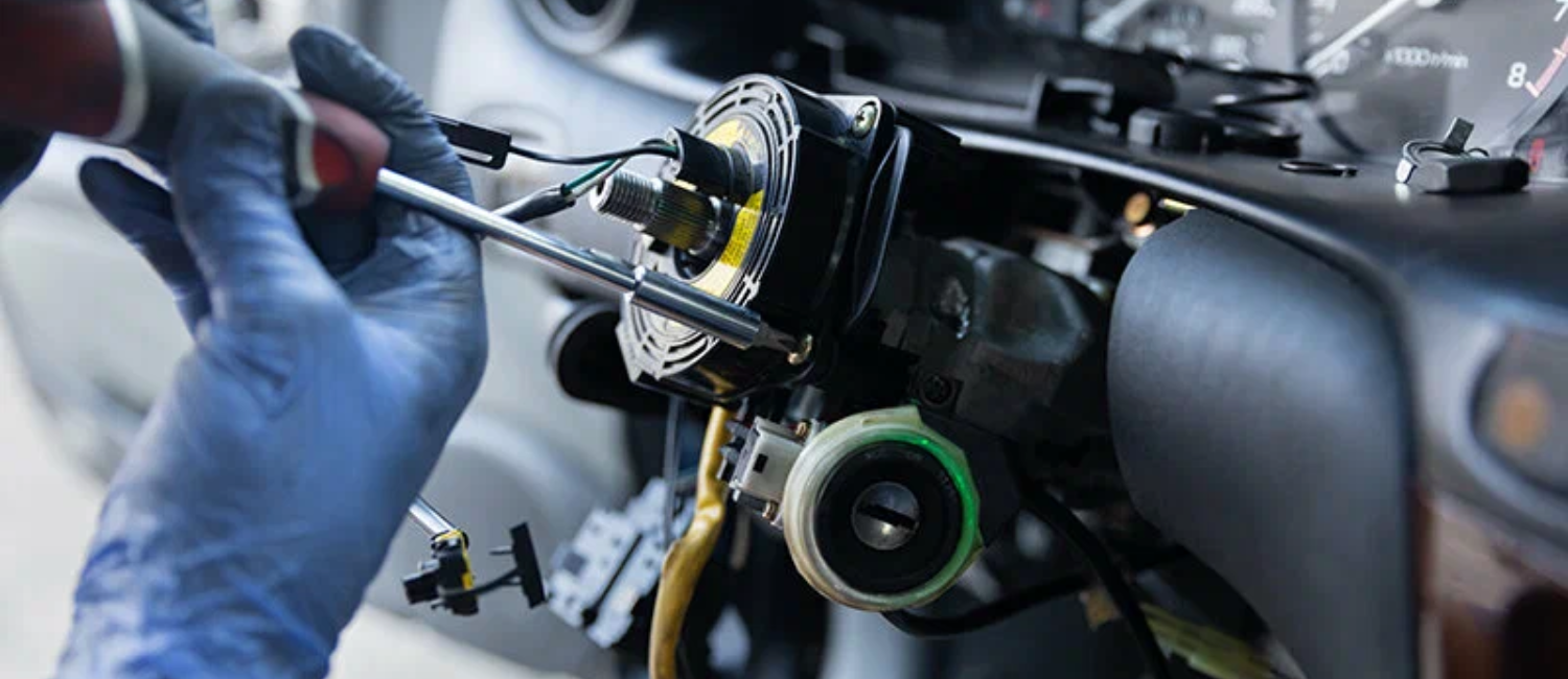 Car steering repair being carried out at our workshop in Al Quoz, Dubai
