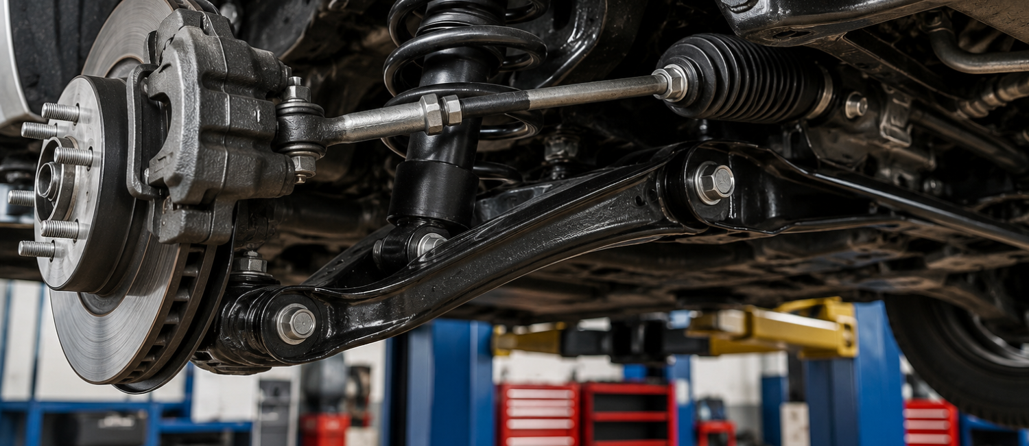 Car suspension repair being carried out at our workshop in Al Quoz, Dubai
