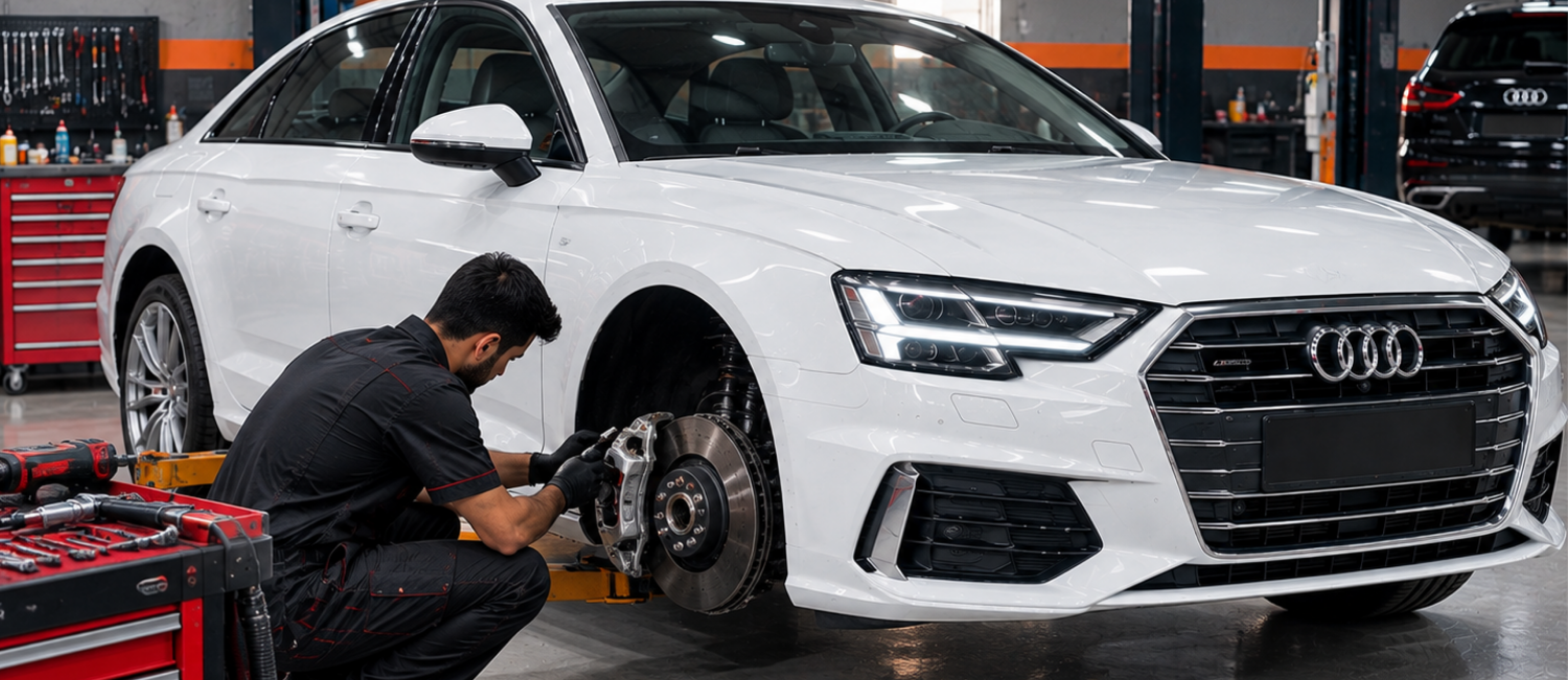 Audi brake repair being carried out at our workshop in Al Quoz, Dubai