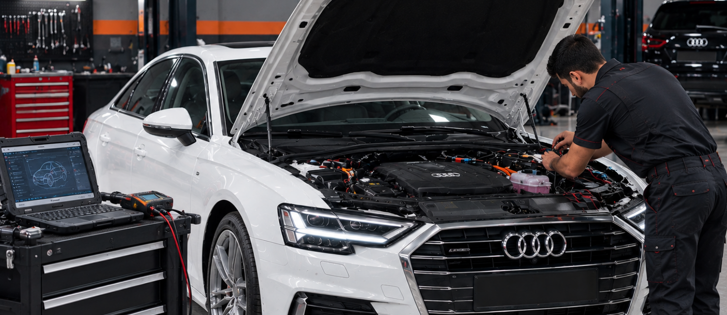 Audi electrical repair being carried out at our workshop in Al Quoz, Dubai