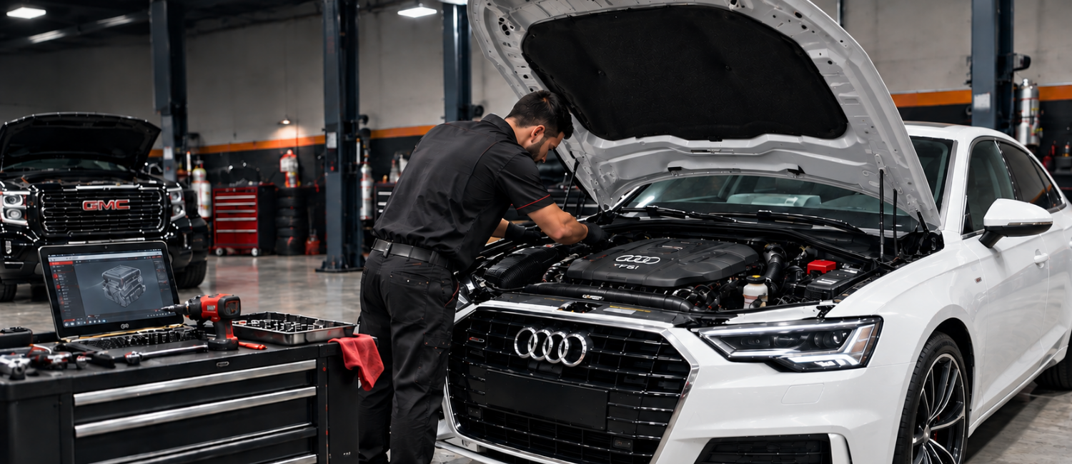 Audi engine service being carried out at our workshop in Al Quoz, Dubai
