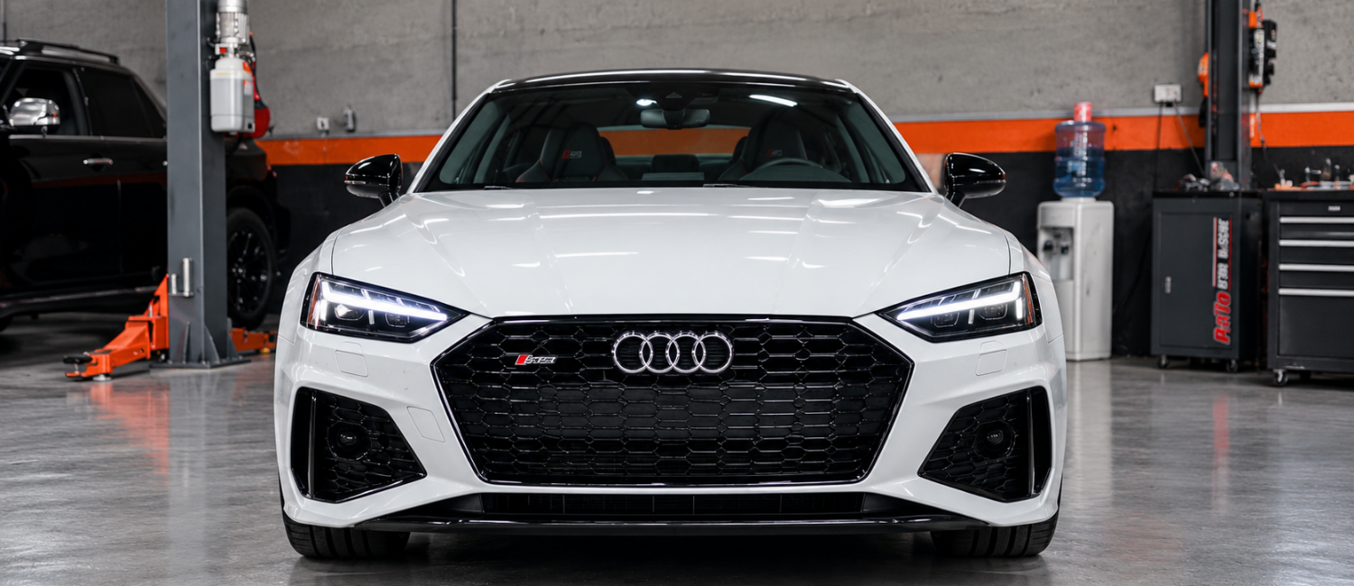 Audi oil change service being carried out at our workshop in Al Quoz, Dubai