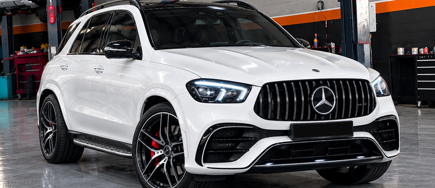 Mercedes oil change service being carried out at our workshop in Al Quoz, Dubai