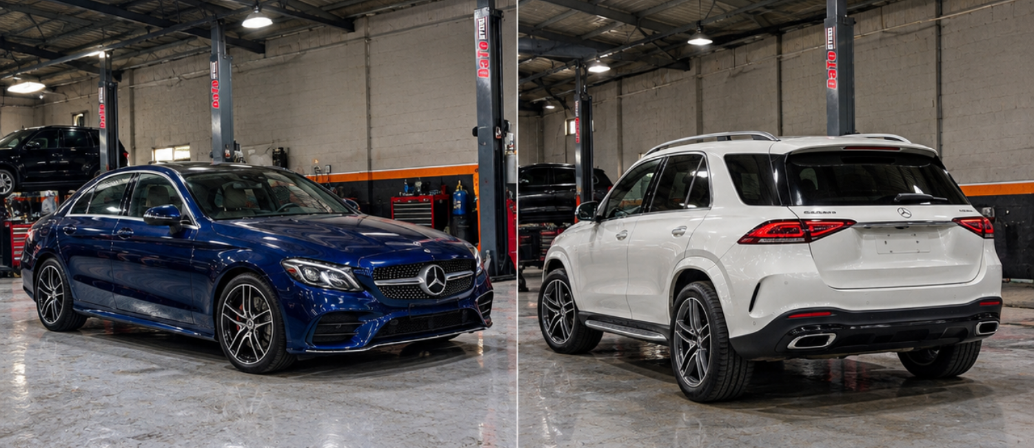 Mercedes suspension service being carried out at our workshop in Al Quoz, Dubai