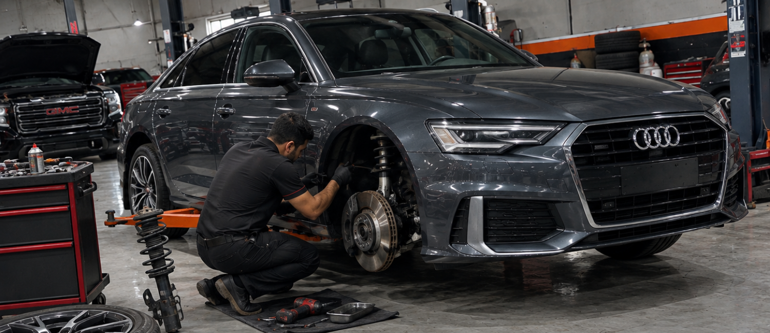 Audi suspension repair being carried out at our workshop in Al Quoz, Dubai